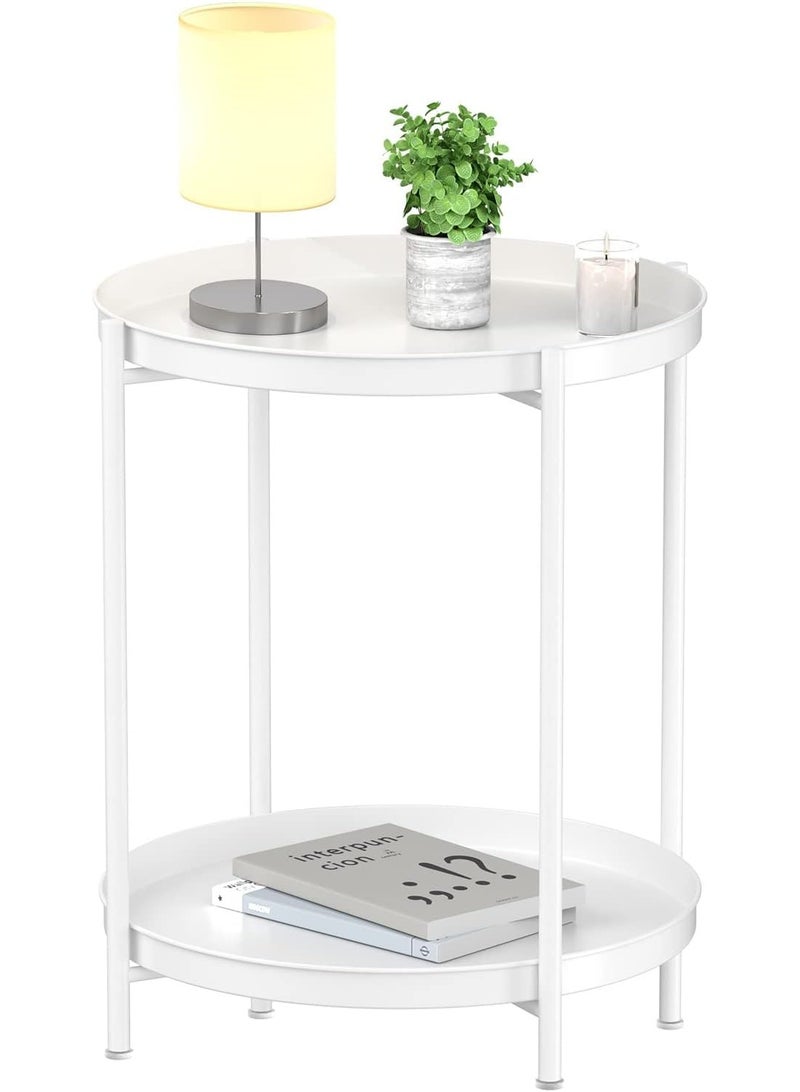 Aputue 2-Tier Round Side Table, Metal End Table with Removable Tray, Small Outdoor Table Accent Table, Anti-Rust Nightstand for Bedroom Balcony Patio (White) - Image 2