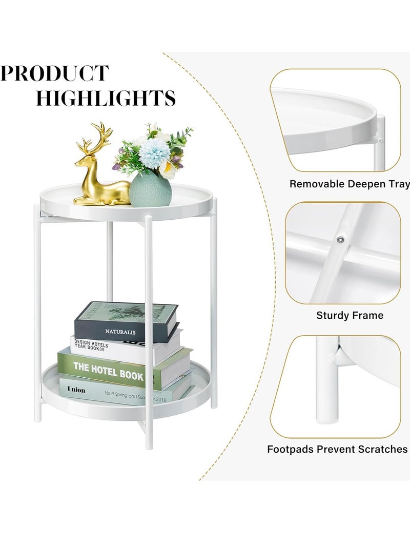 Aputue 2-Tier Round Side Table, Metal End Table with Removable Tray, Small Outdoor Table Accent Table, Anti-Rust Nightstand for Bedroom Balcony Patio (White) - Image 3