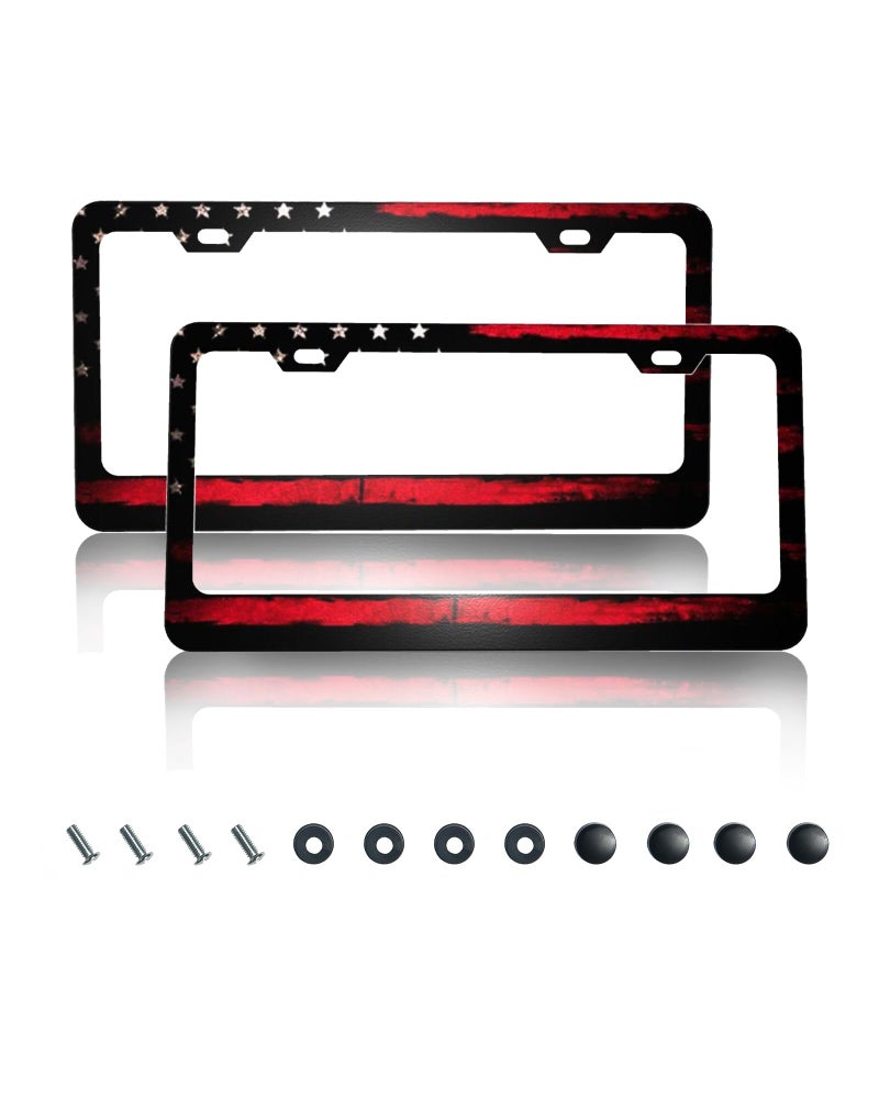 CTVSLFU License Plate Frame 2 Pack Aluminum Metal Rust-Proof Front & Rear Car Tag Holder with 2 Holes, Universal Car Accessories with Screws for Men & Women - 002 Black Red American Flag - Image 1