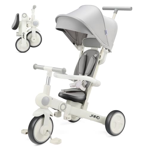JMMD Baby Tricycle 7in1 Multifunctional Kids Trike with Adjustable Parent Handle Safety Harness Wheel Brakes Removable Canopy Stroll Trike for Boys Girls Ages 18 Months5 Years Gray - Image 1