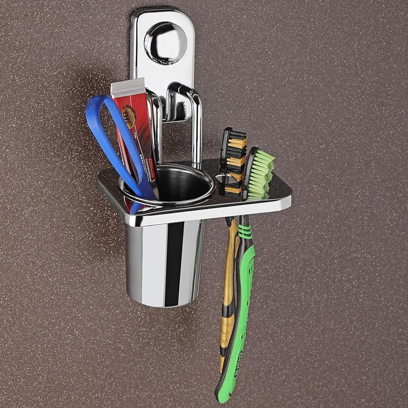 iSTAR Stainless Steel Wall Mounted Toothbrush and Tumbler Holder Set | Durable Rust-Free Multipurpose Glass Toothpaste Stand for Bathroom, Wash Basin, Hotels and Home (Silver, Pack of 2) - Image 1