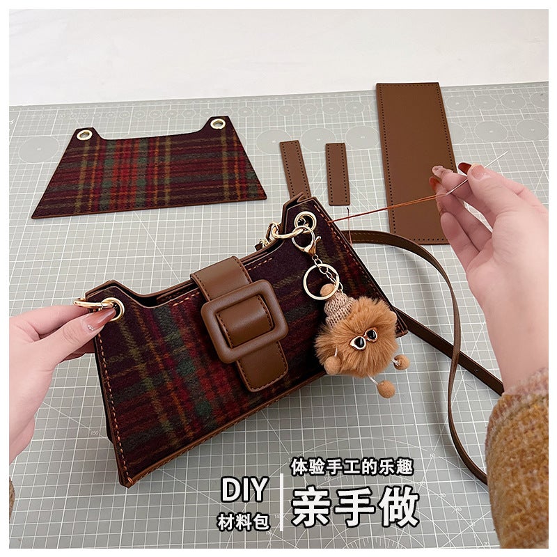 Women'S Bag Diy Underarm Bag Handmade Material Bag Korean Style Fashionable Fashionable Plaid Retro Texture Shoulder Bag - Image 2