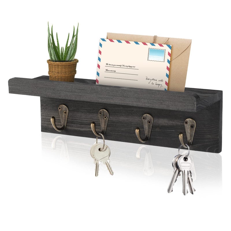 HRONRAD Rustic Key Holder for Wall, Farmhouse Wall Shelf with 4 Hooks, Wall Mounted Key Racks, Wooden Mail Organizer with Hooks for Entryway (Black - Pine) - Image 1