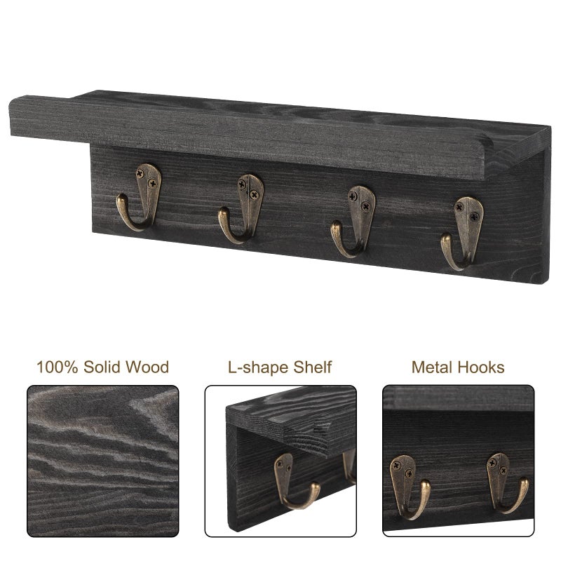 HRONRAD Rustic Key Holder for Wall, Farmhouse Wall Shelf with 4 Hooks, Wall Mounted Key Racks, Wooden Mail Organizer with Hooks for Entryway (Black - Pine) - Image 3