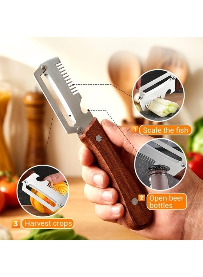 BABONA Multifunctional Vegetable Peeler, Stainless Steel Fruit and Vegetable Peeler with Wooden Handle, Slicer and Bottle Opener, Zero-Flex Kitchen Peeling Tool for Potato, Carrot and More - Image 2