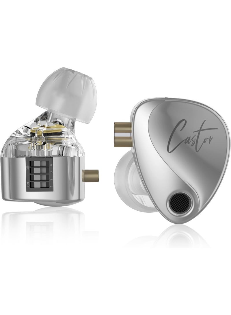 KZ Castor Harman Target Version IEM In-Ear Earphones – Dual Dynamic Drivers (10mm + 8mm), Tunable Sound with 4 Adjustment Switches (16 Profiles), Noise Isolating, 3.5mm, 0.75mm 2-Pin, Silver With Mic - Image 1