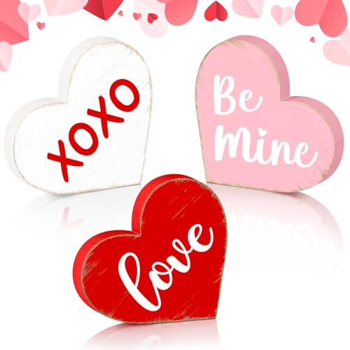 Sionoiur Valentines Day Heart Shaped Table Signs Decorations, Freestanding Wooden Love Be Mine Red Pink Valentine’s Day Gifts Centerpieces for Tiered Tray Home Decor, Wedding Anniversary Party Supplies 3PCS - Image 1