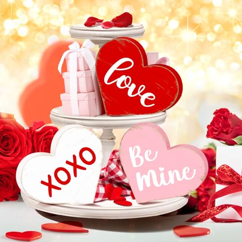 Sionoiur Valentines Day Heart Shaped Table Signs Decorations, Freestanding Wooden Love Be Mine Red Pink Valentine’s Day Gifts Centerpieces for Tiered Tray Home Decor, Wedding Anniversary Party Supplies 3PCS - Image 3