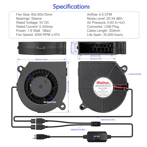 Wathai 60mm x 15mm Computer Case USB Blower Fan 5V with Variable Speed Controller for Receiver DVR PlayStation Xbox Computer Cabinet Cooling 2 Pack - Image 2