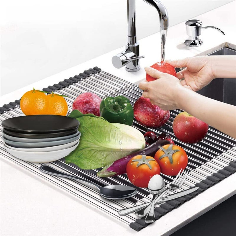 SCILLA Foldable Drain Rack Kitchen Sink Shelf Stainless Steel Multi Function Roll Up Dish Drying Folding Wash Drainer Tray Steel RollUp Crockery Vegetable Utensils Rack Fruit StandMulticolor - Image 1