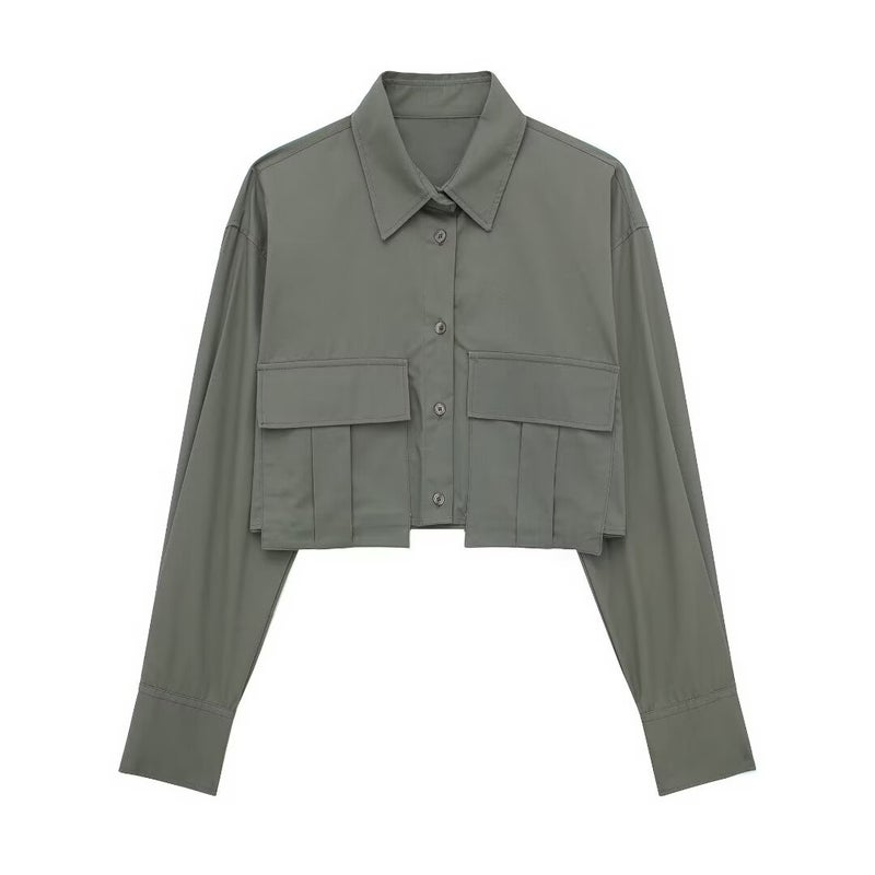 Spring 2024 new European and American cross-border womens clothing street fashion windbreaker fabric short solid color lapel long sleeve shirt Army Green  - Image 1