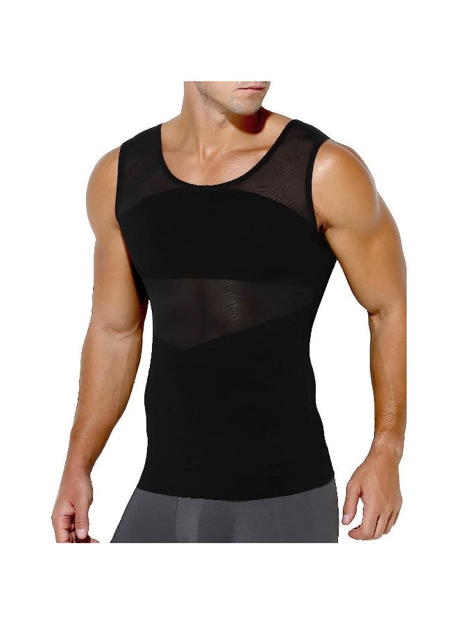 Compression Shirts for Men Slimming, Workout Mesh Tank Top Undershirts Shapewear Tight Tummy Underwear, Sleeveless Slimming Vest Men, Black - XL Size - Image 1