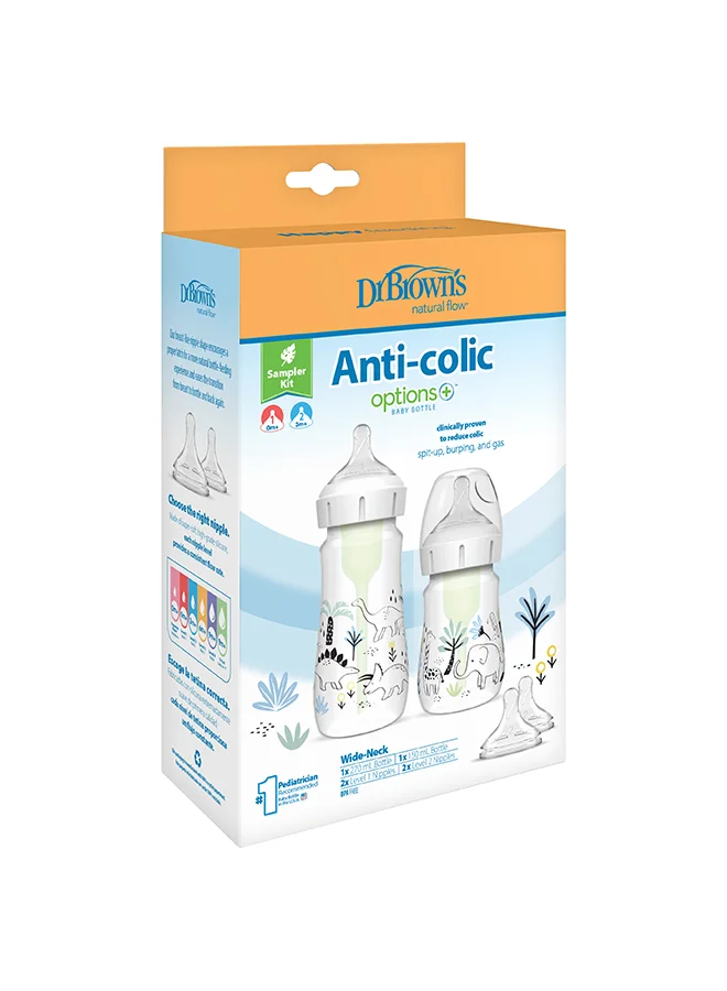 دكتور براونز PP W-N Anti-Colic Options+ Baby Bottle Sampler Kit, with Designs  (1x270 & 1x150 mL bottles, 2xL2 nipples, 1 cleaning brush)