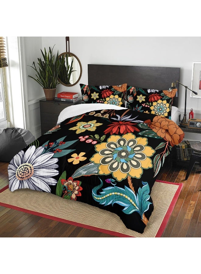 3 Pieces Colorful Floral Comforter Set, Bohemian Botanical Bedding Set Twin Size, Boho Farmhouse Flower Leaves Printed on Black Design, All Season Lightweight Soft Microfiber Bedding with 2 Pillow Shams - Image 3