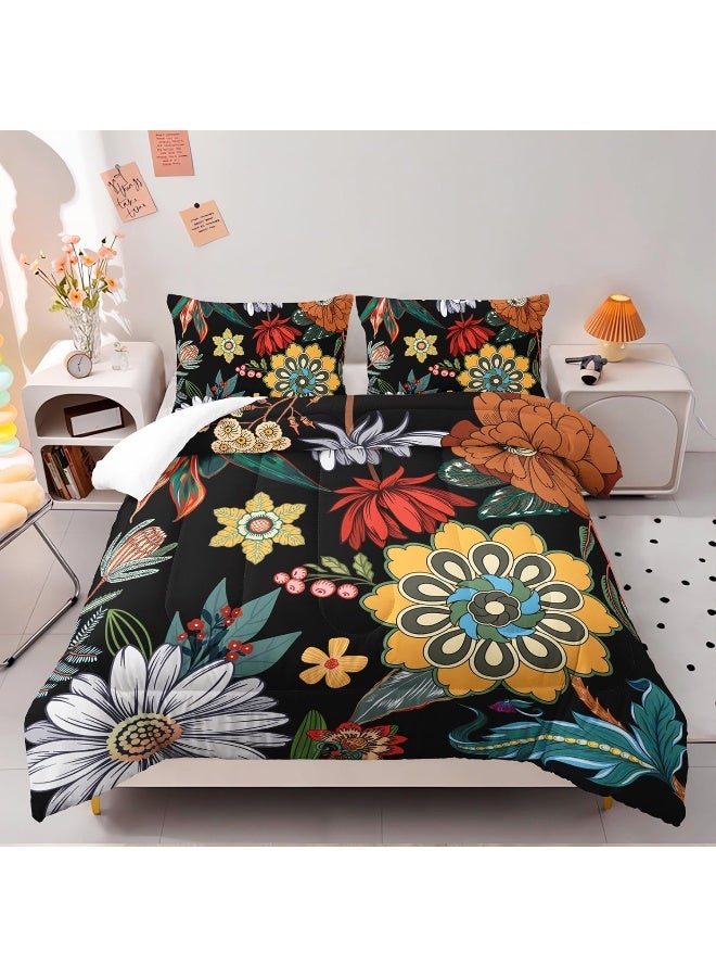 3 Pieces Colorful Floral Comforter Set, Bohemian Botanical Bedding Set Twin Size, Boho Farmhouse Flower Leaves Printed on Black Design, All Season Lightweight Soft Microfiber Bedding with 2 Pillow Shams - Image 2