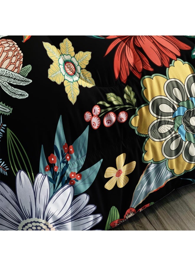 3 Pieces Colorful Floral Comforter Set, Bohemian Botanical Bedding Set Twin Size, Boho Farmhouse Flower Leaves Printed on Black Design, All Season Lightweight Soft Microfiber Bedding with 2 Pillow Shams - Image 4
