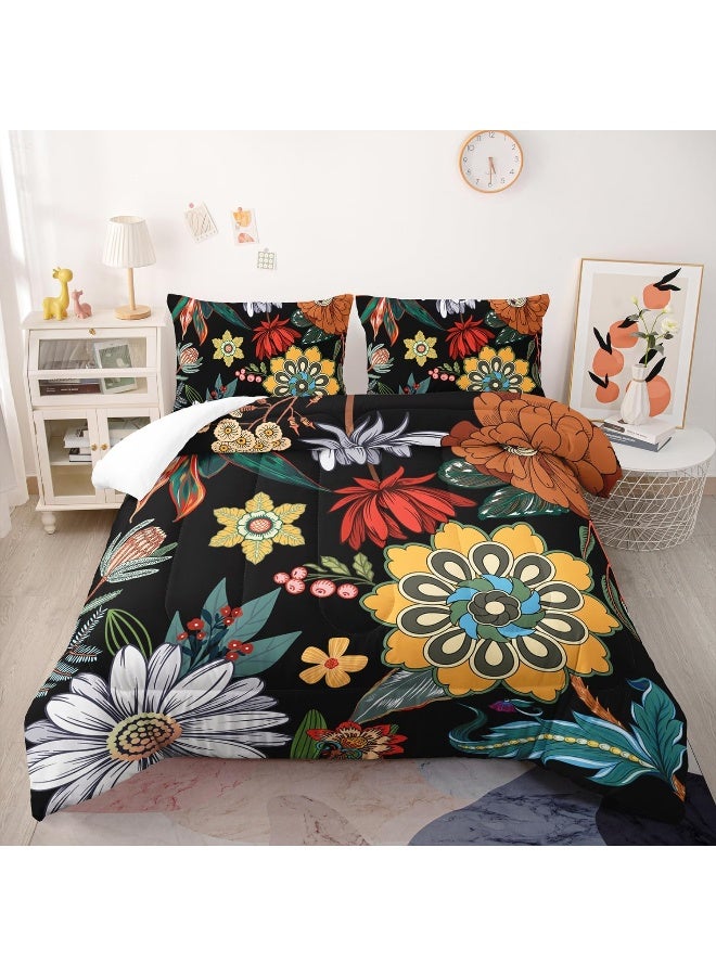 3 Pieces Colorful Floral Comforter Set, Bohemian Botanical Bedding Set Twin Size, Boho Farmhouse Flower Leaves Printed on Black Design, All Season Lightweight Soft Microfiber Bedding with 2 Pillow Shams - Image 1