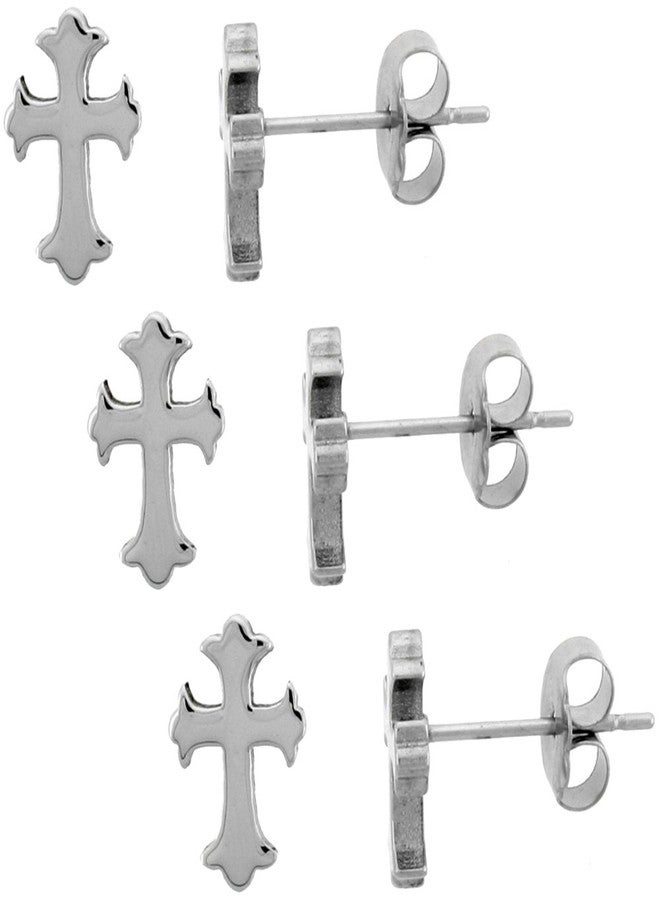 Sabrina Silver 3 Pair Pack Small Stainless Steel Gothic Cross Stud Earrings 3/8 inch - Image 2