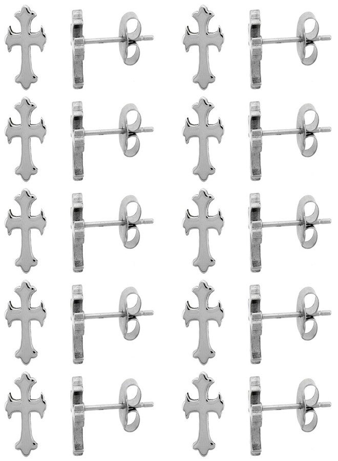 Sabrina Silver 3 Pair Pack Small Stainless Steel Gothic Cross Stud Earrings 3/8 inch - Image 3