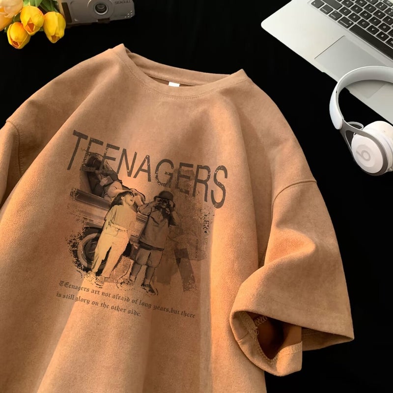 Suede Short-Sleeved T-Shirt Men'S Summer American Style Retro Fashion Brand Heavy Oversize Loose Half-Sleeved T-Shirt - Image 1