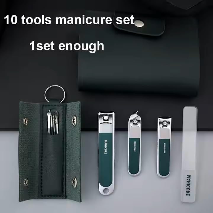 PLENARO 10-in-1 Nail Clippers Set Manicure Pedicure Kit with PU Leather Case - Stainless Steel Grooming Tools for Men & Women - Portable Travel Nail Care Kit for Home, Salon & Gift (Green) - Image 4