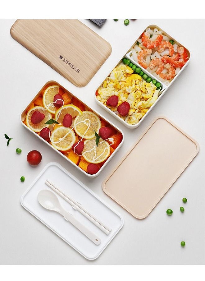 Arabest - Easy Clean Double Layer Lunch Box Container Bundle Divider Japanese Style with Plastic Cutlery and Nylon Sealing Tape（1200ml） (White) - Image 1