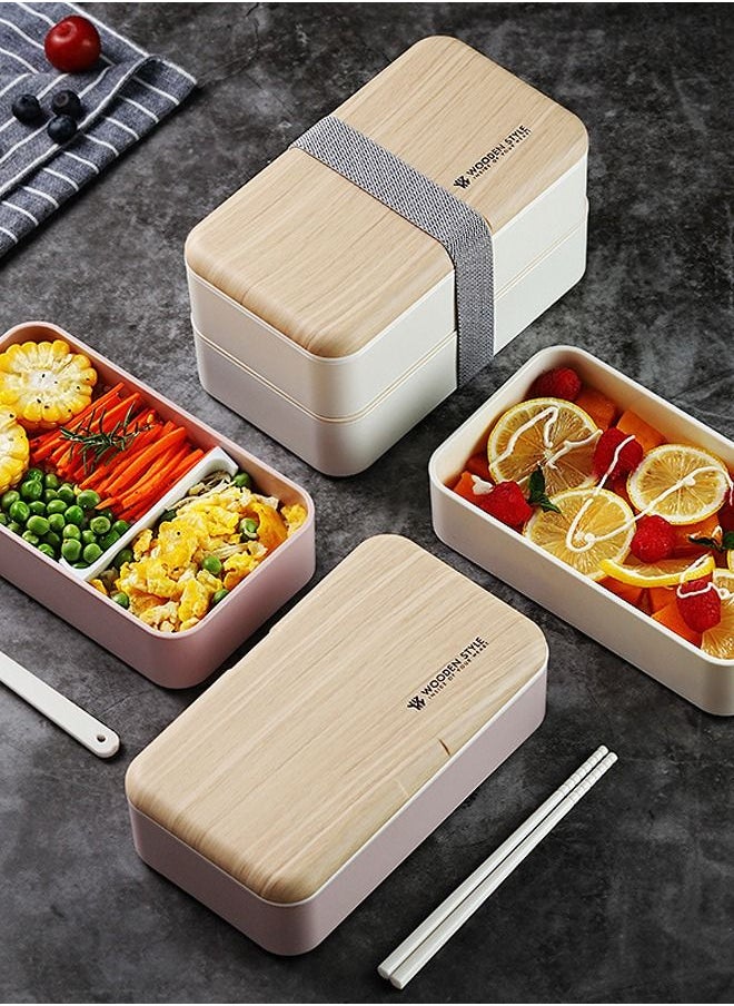 Arabest - Easy Clean Double Layer Lunch Box Container Bundle Divider Japanese Style with Plastic Cutlery and Nylon Sealing Tape（1200ml） (White) - Image 1