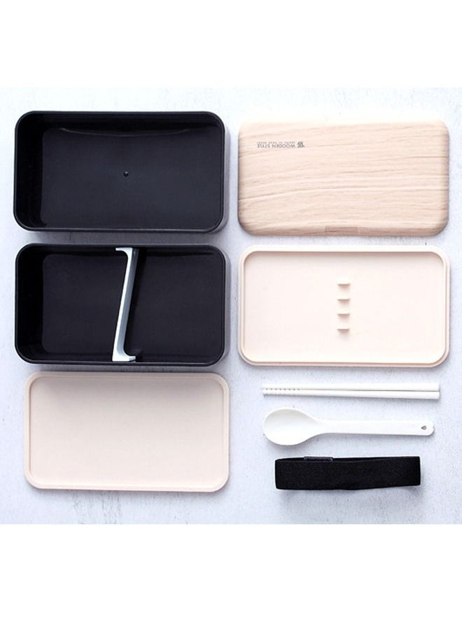 Arabest - Easy Clean Double Layer Lunch Box Container Bundle Divider Japanese Style with Plastic Cutlery and Nylon Sealing Tape（1200ml） (White) - Image 1
