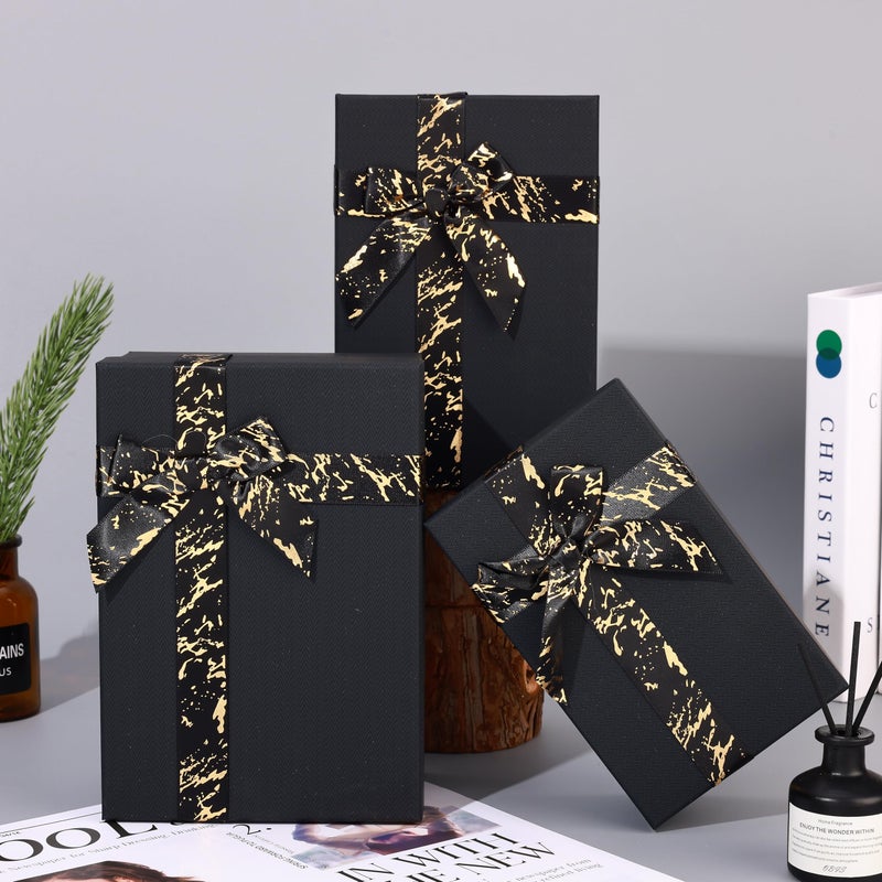 HOME ELEMENTS 3 Pcs Set of Luxury Gift Box Set With Bow, Bridesmaid Box, Decorative Present Boxes for Diwali Christmas Wedding Birthdays Special Occasions Gift Hampers (Black) - Image 1