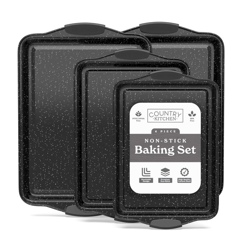 Country Kitchen Nonstick Stackable Bakeware Set  Heavy Duty Durable Easy Release Baking Set Black 4 Pcs