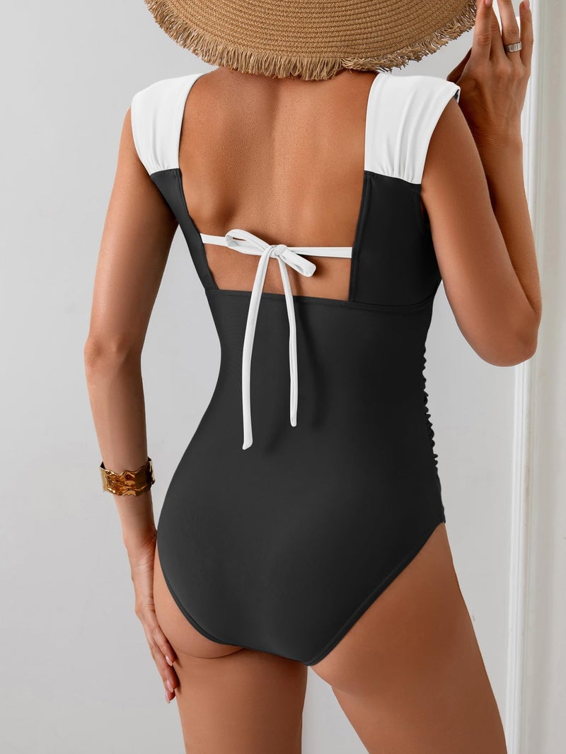 B2prity Womens One Piece Swimsuit Retro Square Neck Tummy Control Bathing Suits Ruched Modest Full Coverage Swimwear Black,White - Image 2
