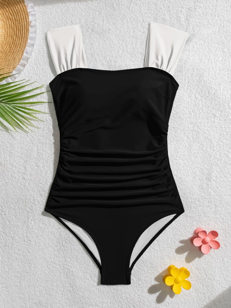 B2prity Womens One Piece Swimsuit Retro Square Neck Tummy Control Bathing Suits Ruched Modest Full Coverage Swimwear Black,White - Image 5