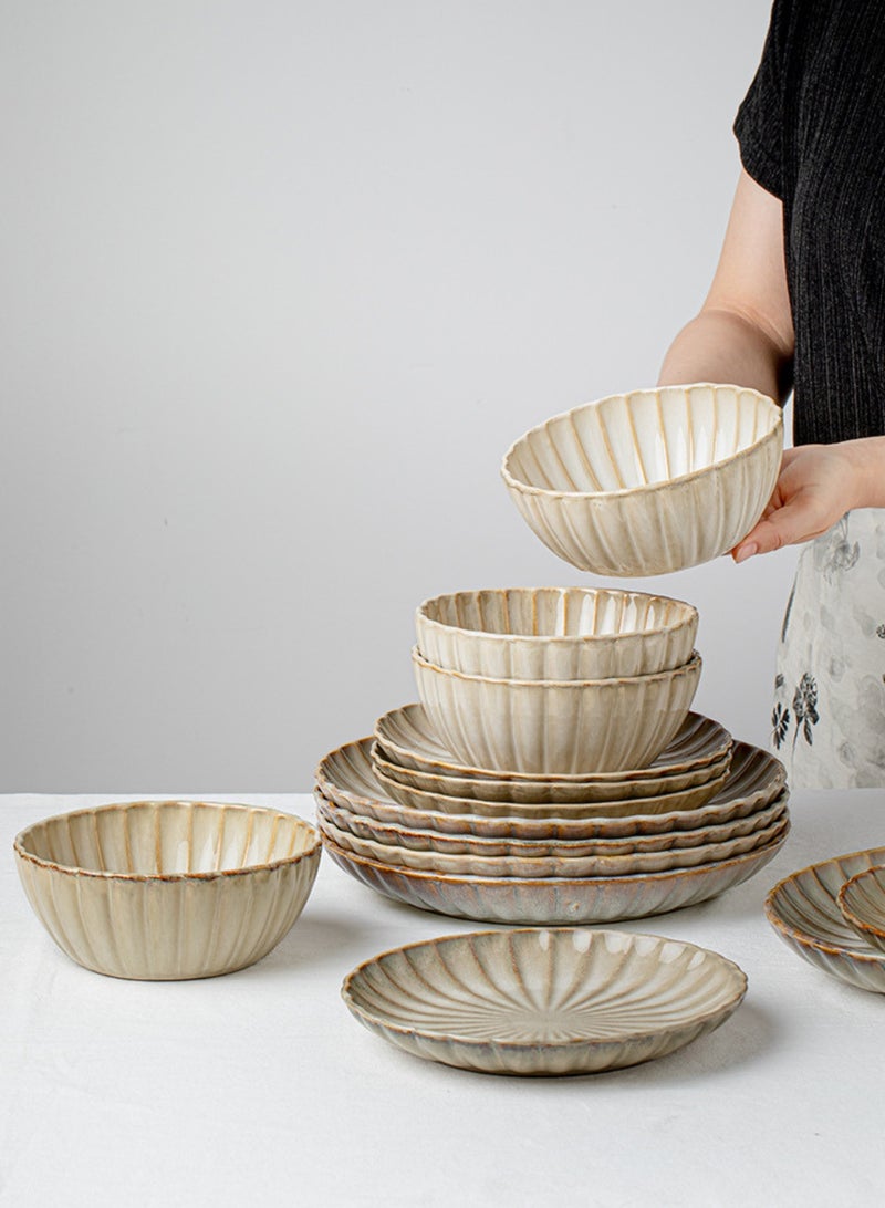 12 Piece Handcrafted Retro Beige Glaze Dinnerware Set, Porcelain Dinnerware Sets, Heat-Resistant Ceramic Bowl And Plate Combination, Perfect for Housewarming Gifts And for home Dining Utensils - Image 3