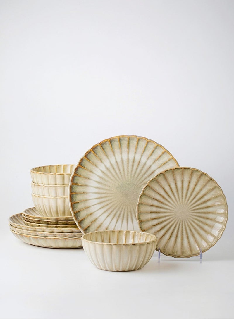 12 Piece Handcrafted Embossed Petal Beige Glaze Ceramic Dinnerware Set - 4 Large Dinner Plates, 4 Salad Plates & 4 Deep Bowls | Premium Reactive Stoneware Tableware, Rustic Modern Blue Glazed Dinner Set, Microwave & Dishwasher Safe, Elegant Everyday & Special Occasion Tableware, Perfect for Housewarming Gifts - Image 1