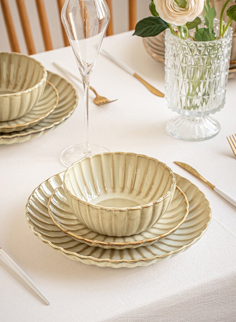 12 Piece Handcrafted Embossed Petal Beige Glaze Ceramic Dinnerware Set - 4 Large Dinner Plates, 4 Salad Plates & 4 Deep Bowls | Premium Reactive Stoneware Tableware, Rustic Modern Blue Glazed Dinner Set, Microwave & Dishwasher Safe, Elegant Everyday & Special Occasion Tableware, Perfect for Housewarming Gifts - Image 2