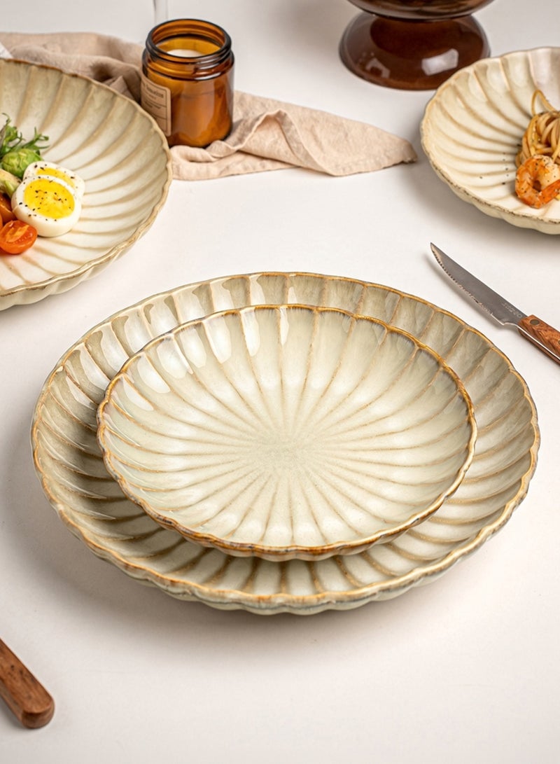 12 Piece Handcrafted Embossed Petal Beige Glaze Ceramic Dinnerware Set - 4 Large Dinner Plates, 4 Salad Plates & 4 Deep Bowls | Premium Reactive Stoneware Tableware, Rustic Modern Blue Glazed Dinner Set, Microwave & Dishwasher Safe, Elegant Everyday & Special Occasion Tableware, Perfect for Housewarming Gifts - Image 3