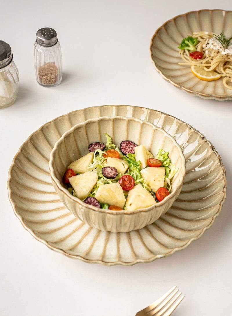 12 Piece Handcrafted Embossed Petal Beige Glaze Ceramic Dinnerware Set - 4 Large Dinner Plates, 4 Salad Plates & 4 Deep Bowls | Premium Reactive Stoneware Tableware, Rustic Modern Blue Glazed Dinner Set, Microwave & Dishwasher Safe, Elegant Everyday & Special Occasion Tableware, Perfect for Housewarming Gifts - Image 5