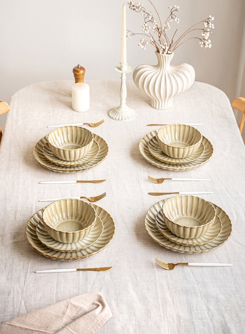 12 Piece Handcrafted Embossed Petal Beige Glaze Ceramic Dinnerware Set - 4 Large Dinner Plates, 4 Salad Plates & 4 Deep Bowls | Premium Reactive Stoneware Tableware, Rustic Modern Blue Glazed Dinner Set, Microwave & Dishwasher Safe, Elegant Everyday & Special Occasion Tableware, Perfect for Housewarming Gifts - Image 4