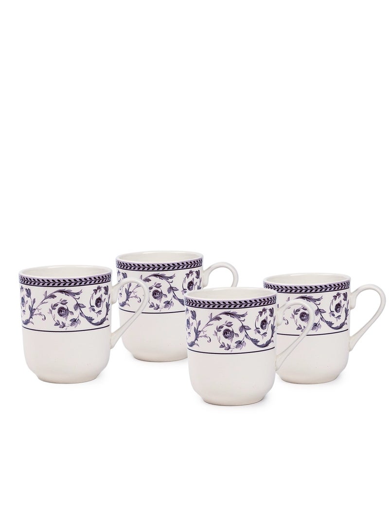 Claytan Callista Floral Pattern 370 ml Ceramic Mug (White, Set of 4)