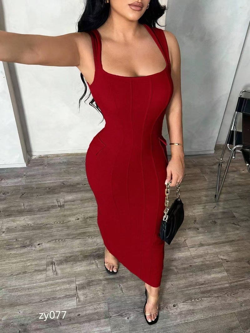 Women's Long Sleeveless Dress Bodycon Cross Strap High Stretch Maxi Dress - Image 1