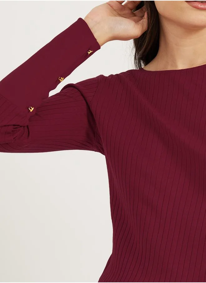 Styli Rib Knit Cuffed Sleeve Top with Button Detail