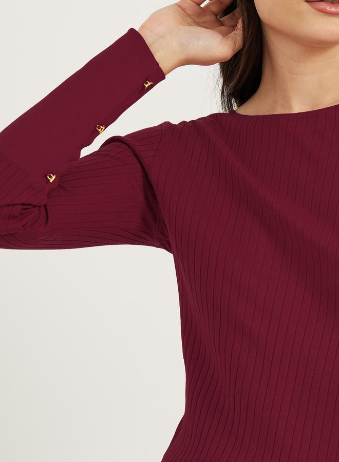 Styli Rib Knit Cuffed Sleeve Top with Button Detail - Image 4