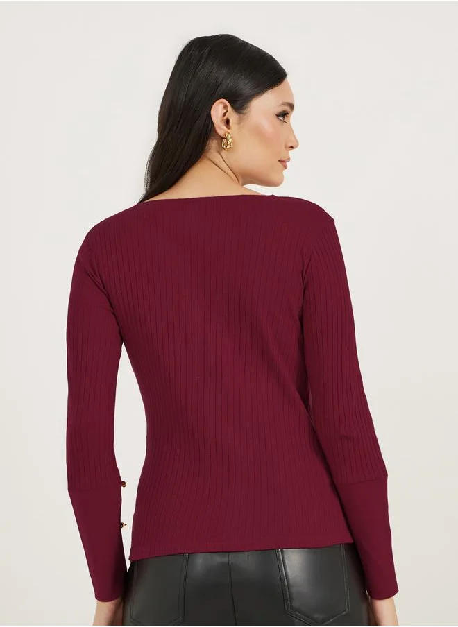 Styli Rib Knit Cuffed Sleeve Top with Button Detail