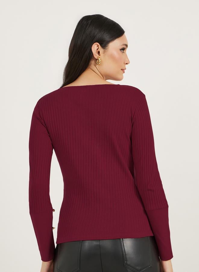 Styli Rib Knit Cuffed Sleeve Top with Button Detail - Image 5