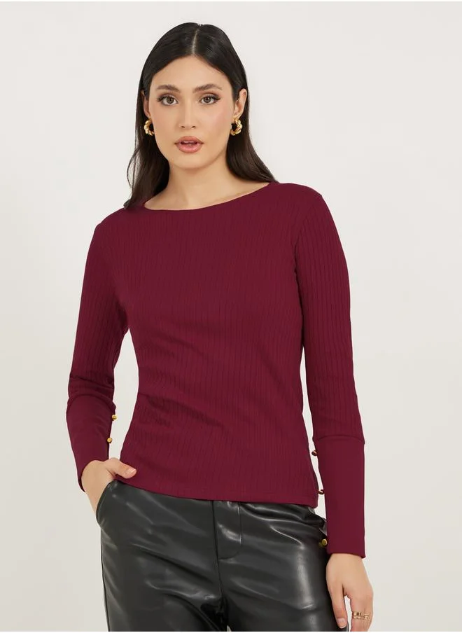 Styli Rib Knit Cuffed Sleeve Top with Button Detail
