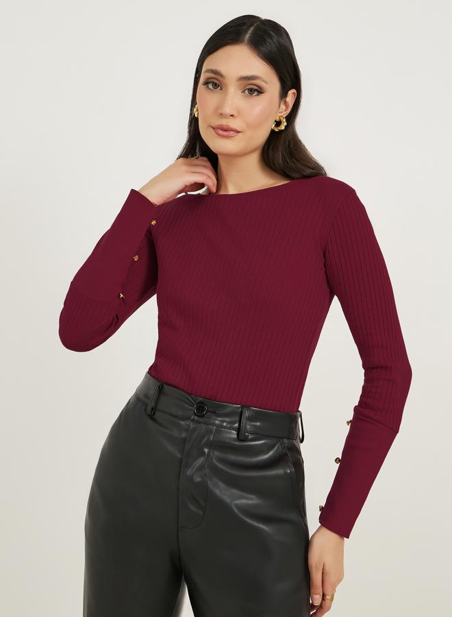 Styli Rib Knit Cuffed Sleeve Top with Button Detail - Image 1