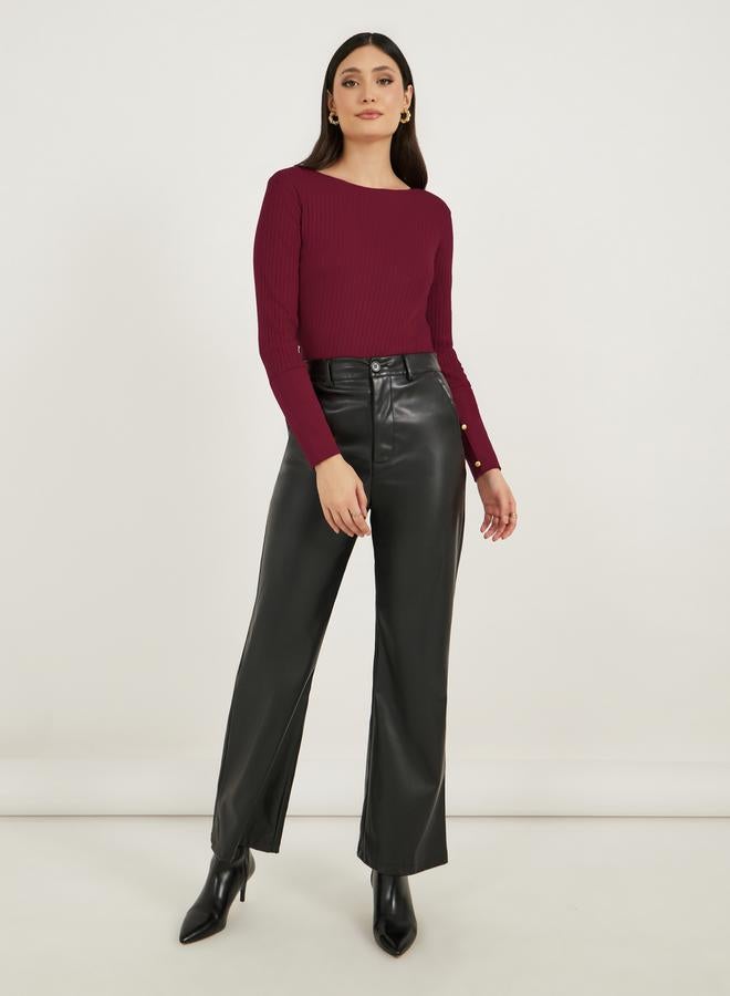 Styli Rib Knit Cuffed Sleeve Top with Button Detail - Image 2