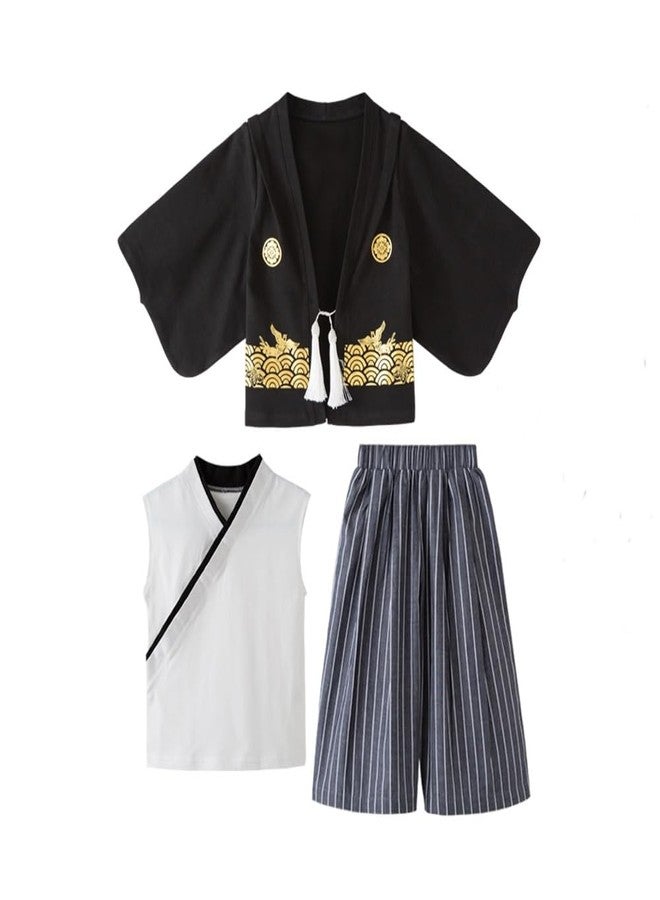SZCQ Boys Samurai Costumes Suits Kids Kimono Clothes Set Boy Japanese Warrior Halloween Costume Cosplay Outfits Cloak Ninja Black - Image 2