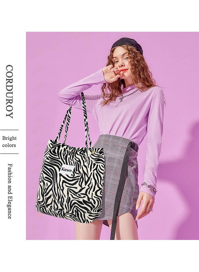 Kawn Kawn® Women Corduroy Tote Bag Canvas Shoulder Cord Purse Reusable Shopping Bag Grocery Bag Large Capacity Washable Handbag Girls Shoulder Bag with Inner Pocket For Daily Use Work Travel (Zebra) - Image 2