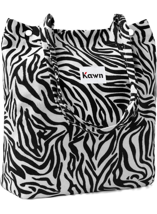 Kawn Kawn® Women Corduroy Tote Bag Canvas Shoulder Cord Purse Reusable Shopping Bag Grocery Bag Large Capacity Washable Handbag Girls Shoulder Bag with Inner Pocket For Daily Use Work Travel (Zebra) - Image 1